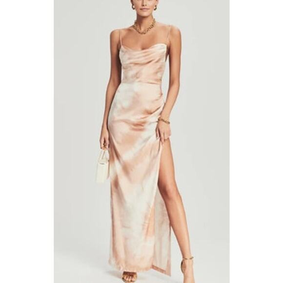 Retrofete Marlene Tan White Tie Dye Silk Maxi Dress Womens NWT Size XL Cowl Slit - Picture 1 of 8